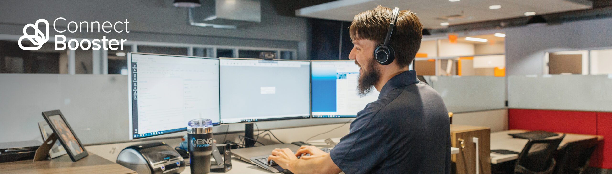 sales man faces computer screens